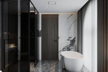 Modern lüks tuvalette beyaz özel banyo küveti ve musluk. 3B görüntüleme