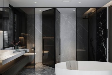 Modern lüks tuvalette özel beyaz küvet ve gösteriş. 3B görüntüleme