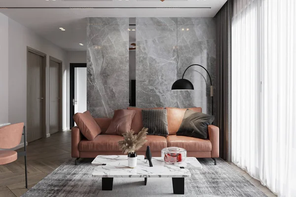 Rosa Couch Fenster Marmorhintergrund Hinter Dem Sofa Rendering — Stockfoto