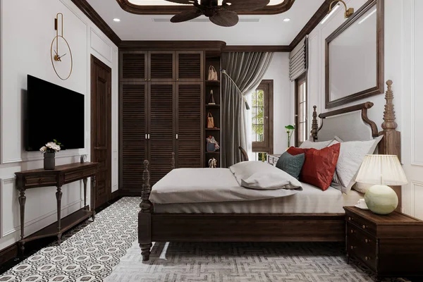 Sunlight comes into the bedroom from the corner window, a traditional style interior. 3D rendering