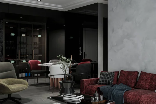 Two-dimensional Industrial-style interior in a modern apartment. 3D rendering