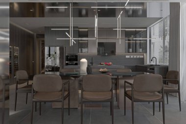 Modern bir dairede karanlık ve modern bir iç mekan. Lüks mobilyalar..