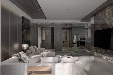 Lüks modern oturma odasının genel manzarası.