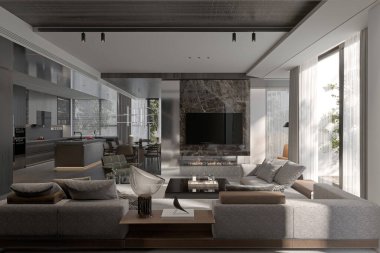 Penceresinden modern mobilya ve doğa manzaralı rahat oturma odası manzarası.