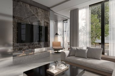 Oturma odasının iç tasarımı pencere manzarasının arkasında..