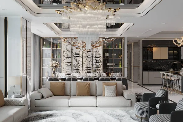 A sophisticated modern living room interior design.