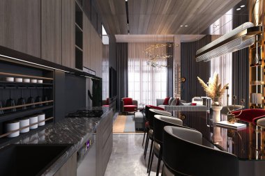 Mutfak köşesinden DeLuxe apartmanının genel manzarası.