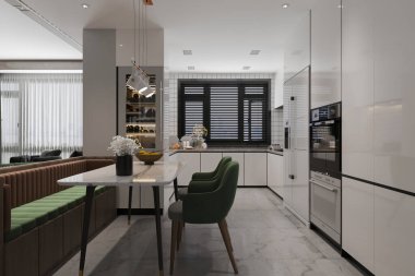 Yeşil sandalyeler ve açık mutfak masalı bank..