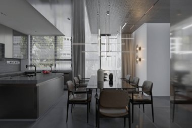 Gri adalı modern karanlık mutfak ve yemek odası ve sandalyeli yemek masası..