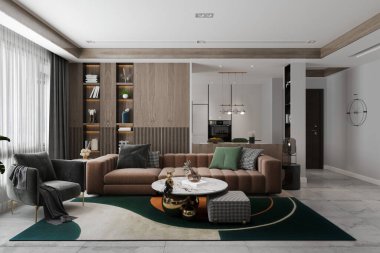 Renkli halı, kahverengi kanepe ve kişisel aksesuarları olan eski tarz iç mekan..