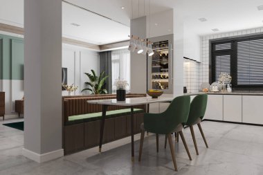 Odanın içinde mutfağın yanında masası olan zarif yeşil sandalyeler var..