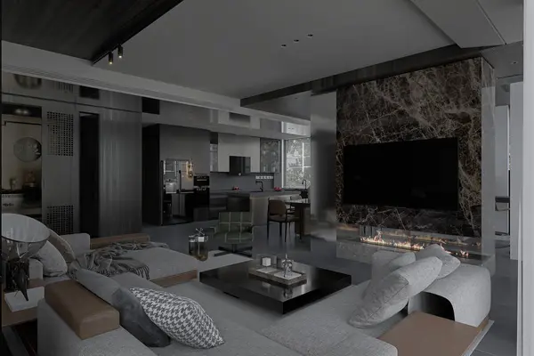 Modern dark gray living room with gray sofa and TV panel.