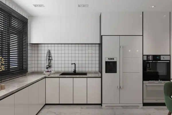 The interior looks sophisticated, with a white fridge and cabinets.