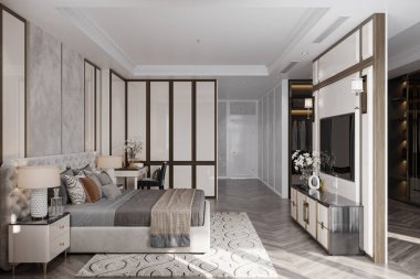 Modern ve klasik bir yatak odası şık bir yatak odası, televizyon, konsol masası ve televizyon dolabı olan bir televizyon..