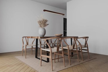 Ahşap masalı, sandalyeli, halı üzerinde yemek odasının şık iç tasarımı..