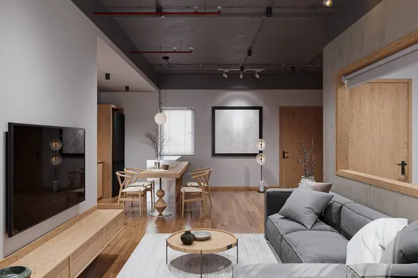 Creative interior design in a studio apartment with elegant wooden furniture.