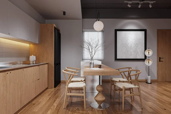 Interior design in a minimal dining place with hardwood floors and stylish wooden furniture.
