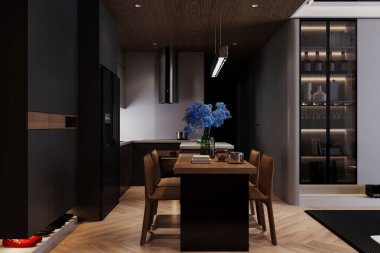 Yemek yerinde masası olan şık kahverengi sandalyeler..