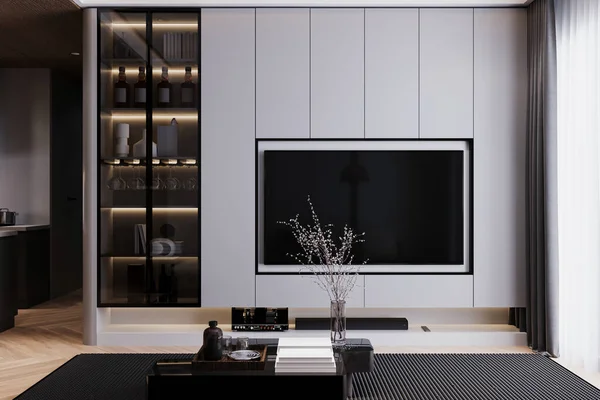 A glass door wine rack with wine and glasses attached to the TV panel in the modern living.