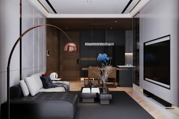 A lamp stands by the black and gray sofa in a moody luxury living place.