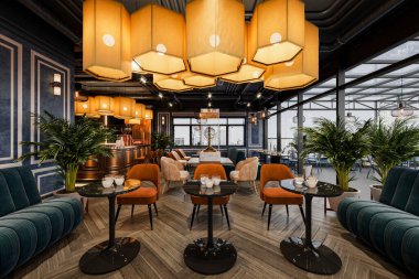 Çatı katındaki bir restoranın tavanında asılı duran özel avizeye odaklan..