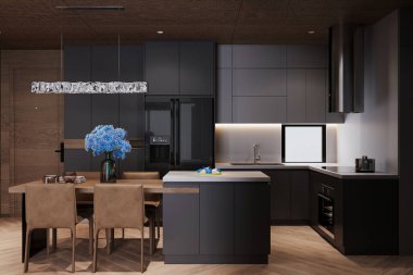 Şatafatlı dairede yemek ve mutfak alanında modern dokunuşlar var..