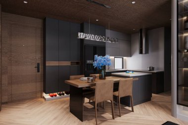 Trio 'nun lüks dairesinde yemek, mutfak ve fuayede modern dokunuşlar yer alıyor..