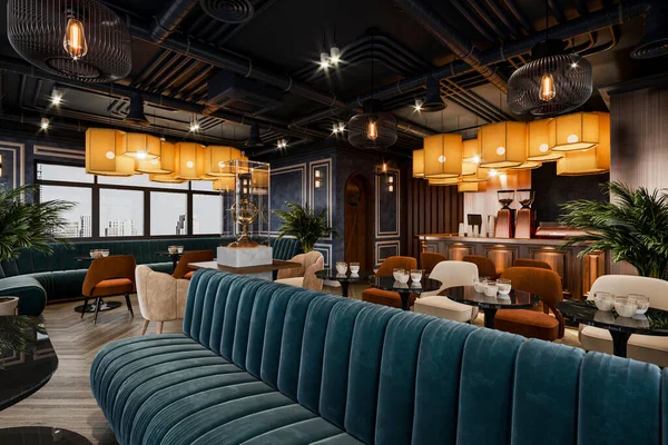 Modernes Restaurant Interieur Mit Industriellem Stil Und Luxuriösen Möbeln — Stockfoto