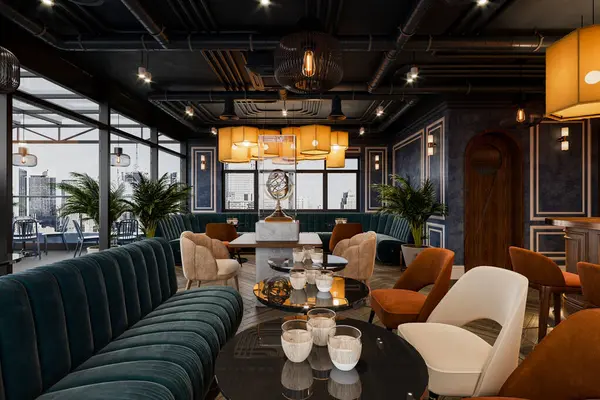 Modern restaurant interior with an industrial style and colorful furniture.
