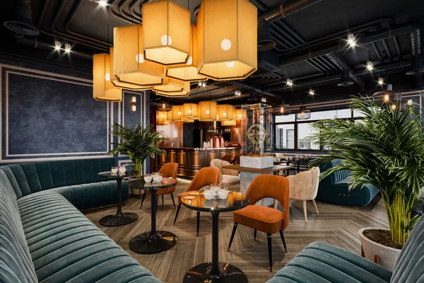 Das Restaurant Befindet Sich Einem Loft Raum Mit Einem Interieur — Stockfoto