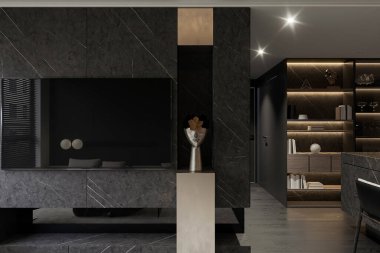 Paslanmaz bir kadın heykeli oturma odasındaki televizyonun yanında duruyor..