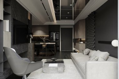 Modern yaşam alanlarının iç tasarımı açık gri bir kanepe, yastıklar, koltuk ve sehpa ile birlikte..