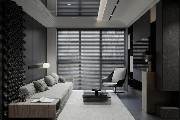 A single modular sofa with an armchair next to the window on the gray carpet.