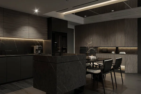 Interior of modern black tone and items in a modern kitchen, dining area next to the foyer.