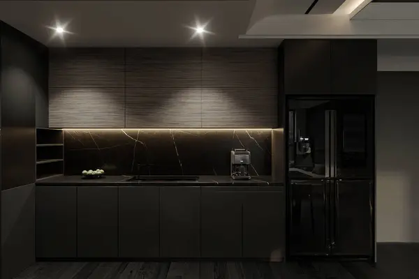 Interior of modern kitchen with technology, and black parquet flooring.