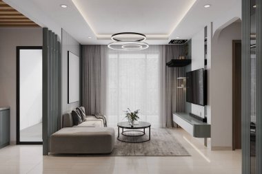 Parlak ve minimal oturma odası, şık mobilyalarla dolu..