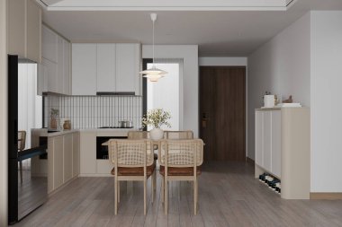 Klasik yemek odası, ahşap masa ve sandalyeler, parke döşeme, mutfak ve fuayenin yanında..