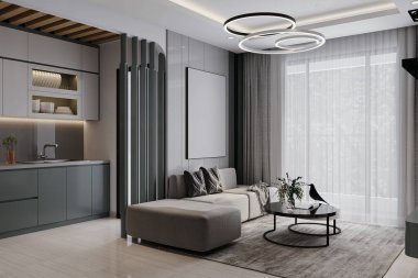 Oturma odasının arkasındaki mutfağın minimalist iç kısmı..