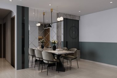 Yemek odasının minimalist iç kısımlarında özel eşyalar var..