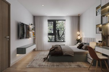 Yatak odasındaki beyaz perdelerle kaplı pencerenin dışında..