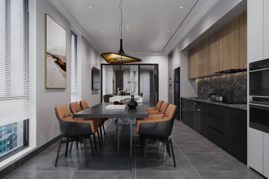 Yemek salonunda siyah bir masa, kahverengi koltuklar ve duvarda asılı bir tablo vardı..