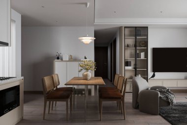 Yemek odasında bir ahşap masa, sandalyeler ve masanın üzerinde bir saksı dolusu çiçek var..