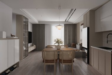 Yemek odasında bir ahşap masa ve sandalyeler var, ve bu üçlünün bölgesine bitişik..