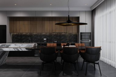 İç tasarım mutfağın yanında yemek için açık bir alan içeriyor..