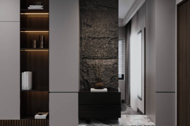 İç tasarım, duvar rafları ve ayakta duran bir tablo ile açık bir alan düzeni içerir..