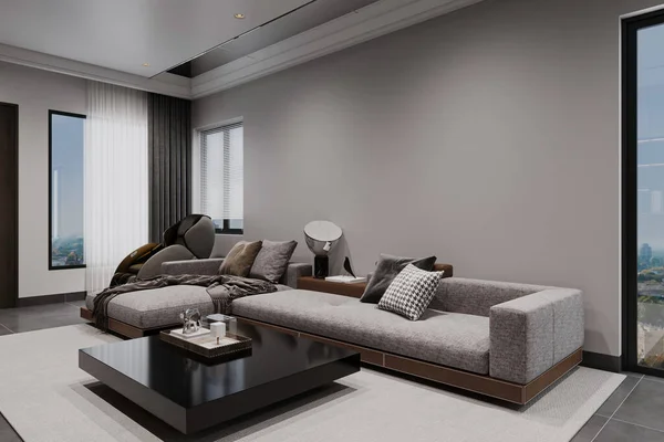 A modular sofa is placed in a spacious living room with an open interior design.