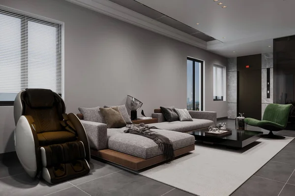 A modular sofa is placed in a spacious living room with an open interior, alongside a body massage chair.