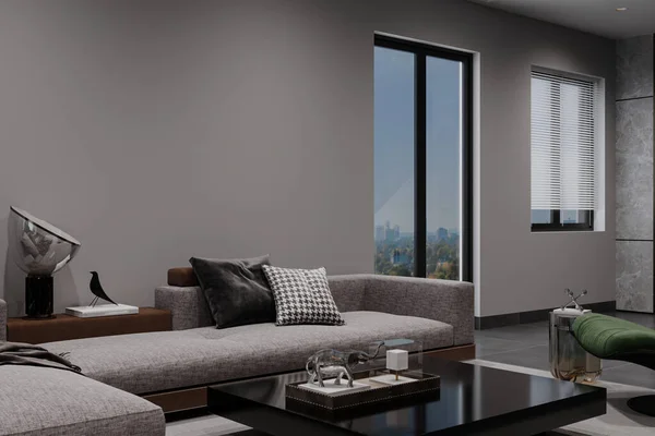 A modular sofa with pillows is placed in a spacious living room with an open interior. City view.