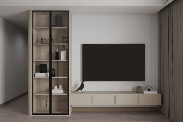 The living room has a minimalist interior with a wall display glass door cabinet beside the TV.