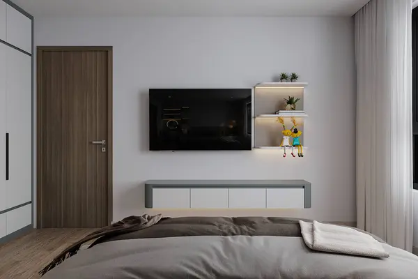 TV set up on the white wall painted with shelves in the minimal bedroom.